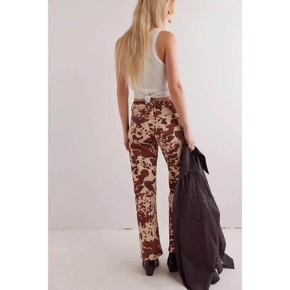 New Free People x Revolve Jeans 26 Risk Taker Cow Print Brown High Rise Straight